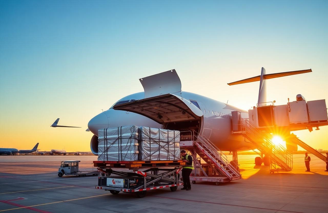 Avion cargo en chargement de fret aérien sur tarmac