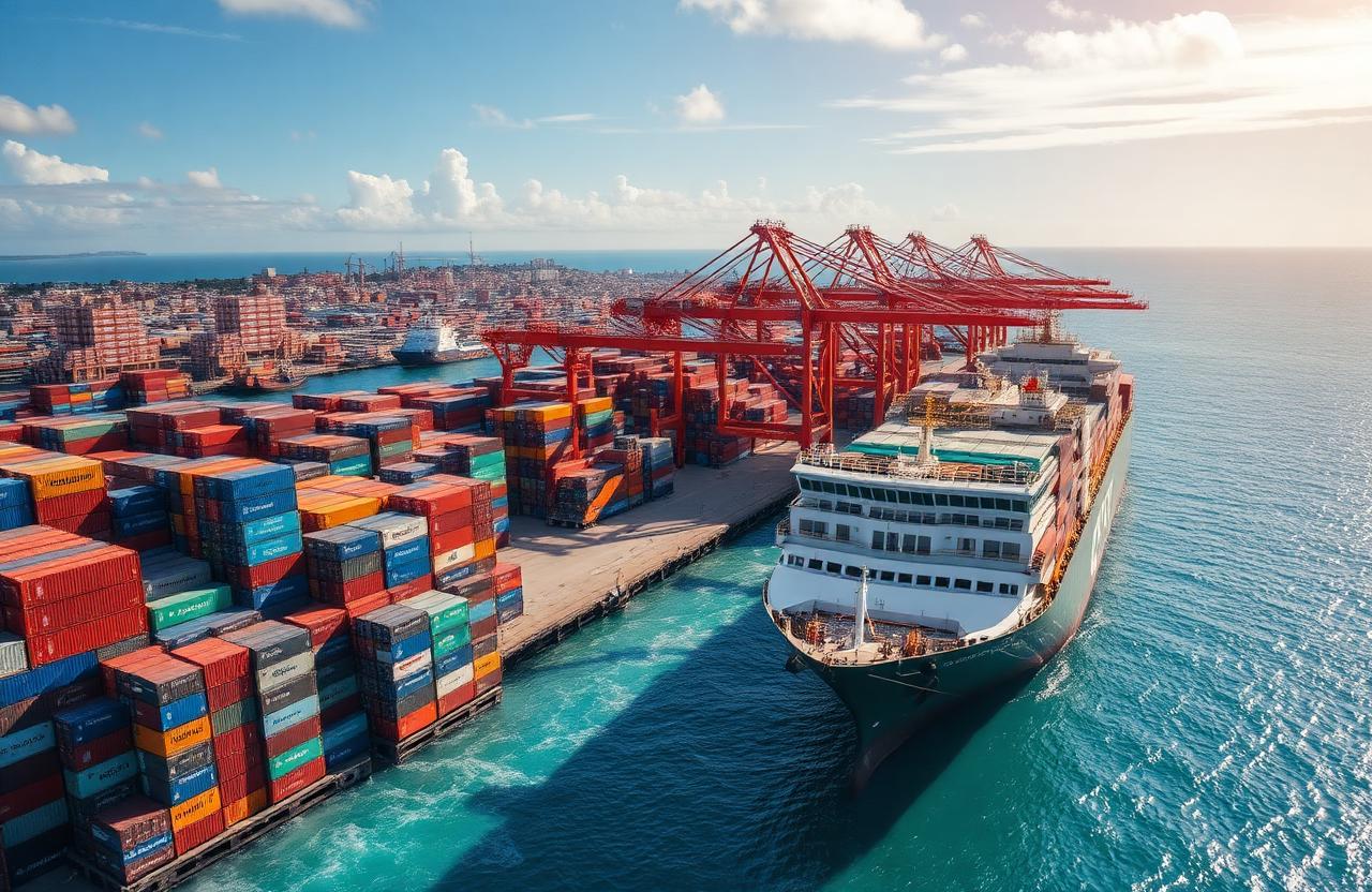 Port commercial avec conteneurs et navire de fret